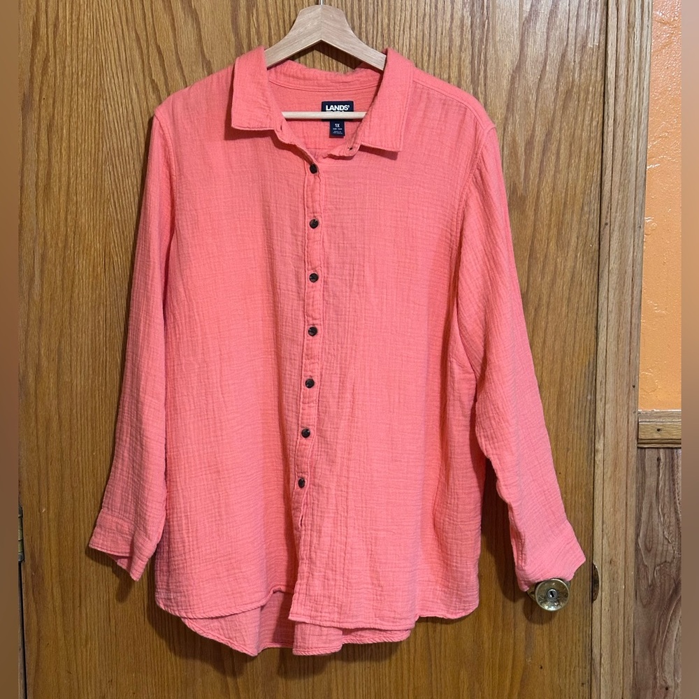 Land End gauzy button down casual‎ shirt sz 1X coral color